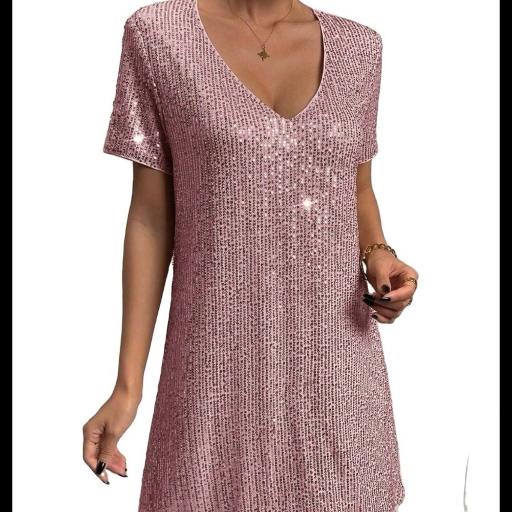 Petal Dew pink sparkly‎ round neck sequin size small pink midi Dress